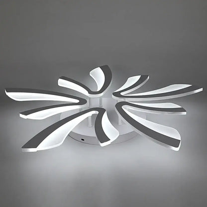Modern white and gray led ceiling chandelier with sleek petal-like branch design for contemporary living room lighting