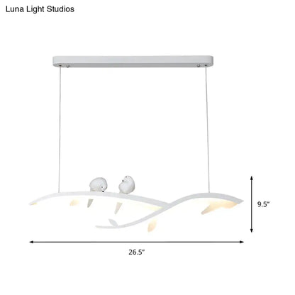 DecorBites modern white acrylic branch pendant light with warm white light and two small bird figurines