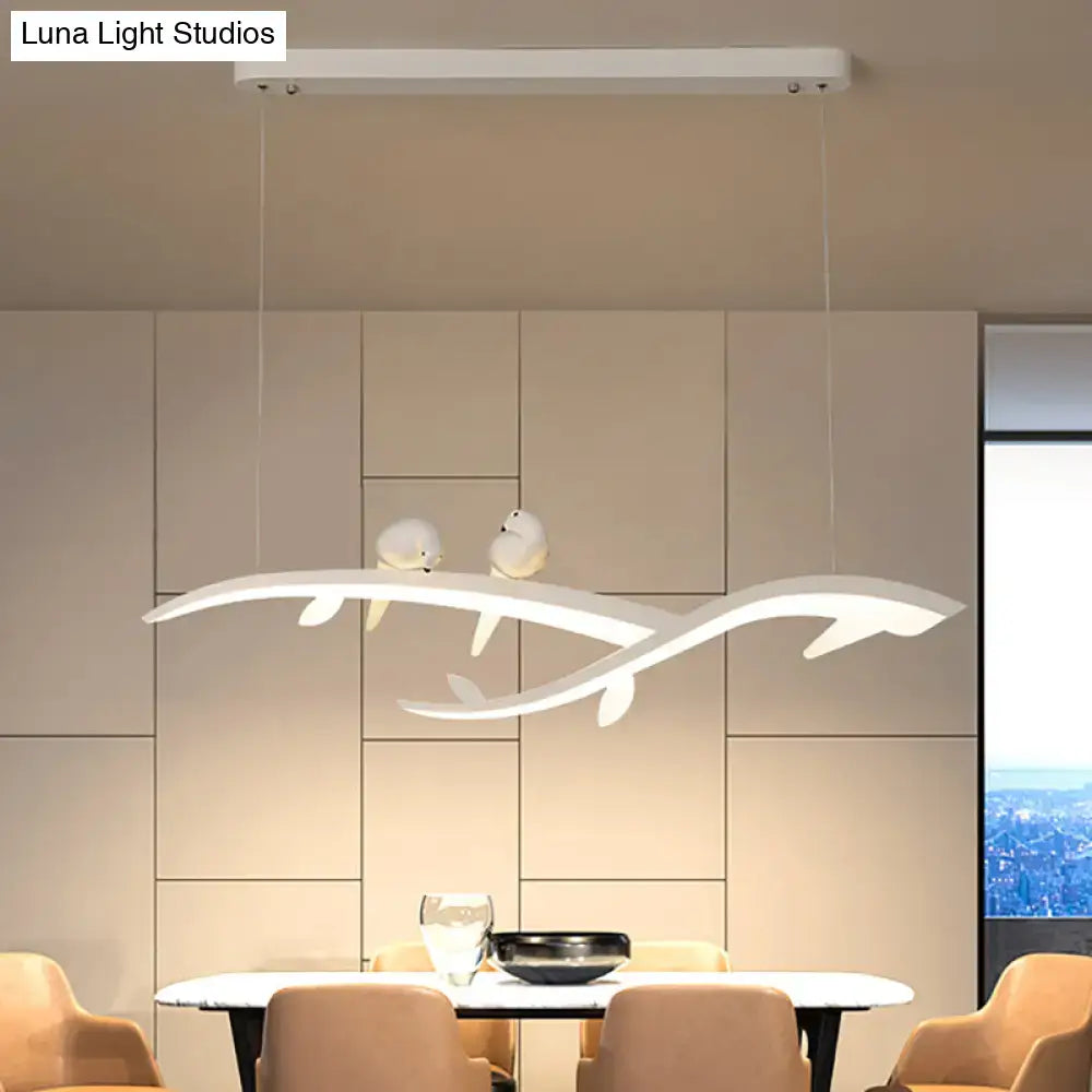 White modern acrylic pendant light with sculpted branch design and birds featuring warm white light illumination