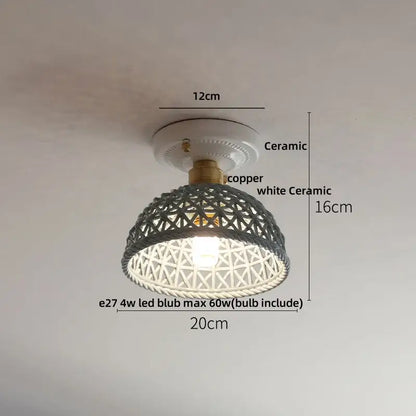 Modern white and brass ceramic led ceiling lamp with woven gray and white lattice shade for bedroom lighting