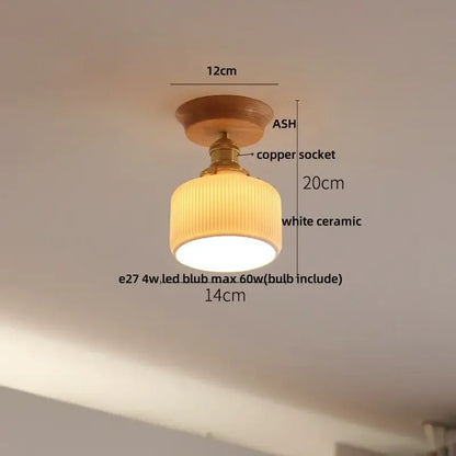 Modern ceramic led ceiling lamp with white shade, wooden ash base, and copper socket for bedroom lighting