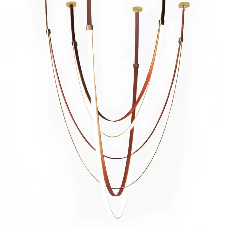Modern white and brown designer villa chandelier featuring multi-layered leather bands with gold toned fittings by decorbites designer