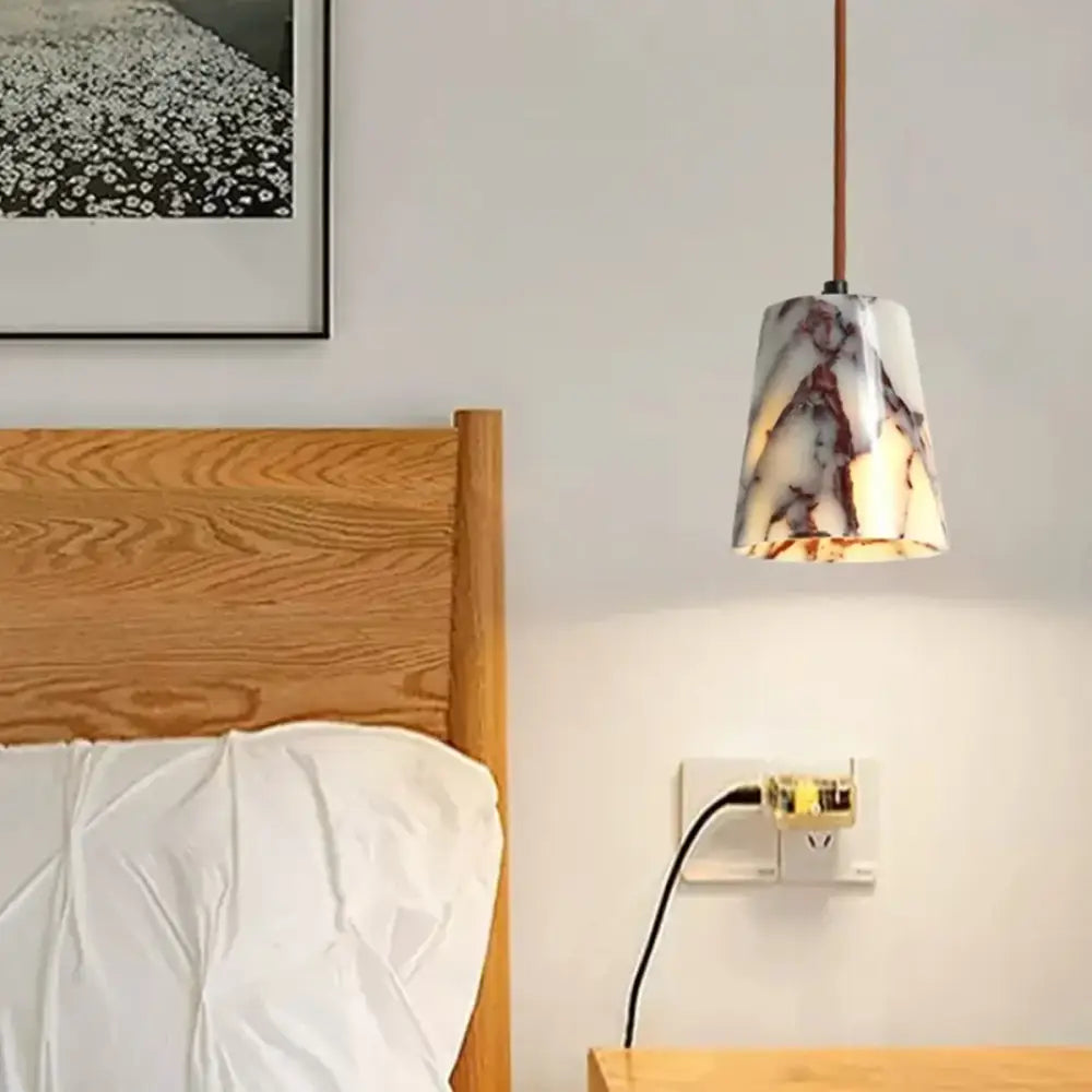 Modern white and brown marble glass pendant lamp with conical shade on thin cord for dining room decorbites bulgari stone led