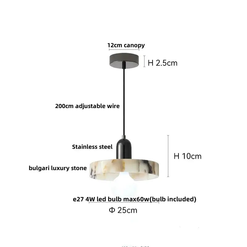 Modern pendant lamp with sleek black steel canopy and polished bulgari stone led shade for dining room decorbites