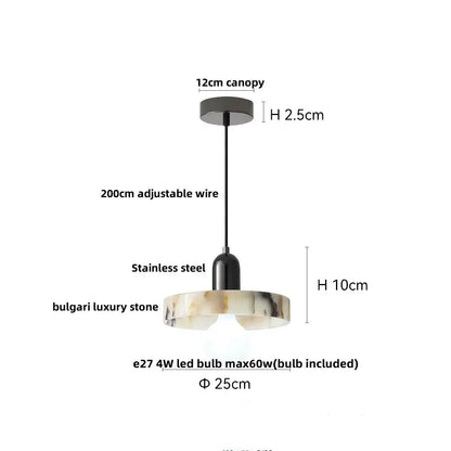 Modern pendant lamp with sleek black steel canopy and polished bulgari stone led shade for dining room decorbites