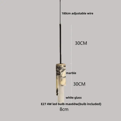 A modern pendant lamp with brown marble top featuring black beige veining and white glass cylinder for dining room decorbites bulgari stone led