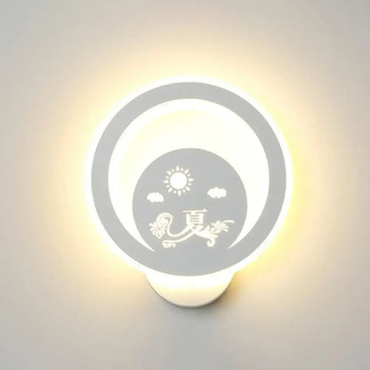 Modern white cartoon dog led wall light fixture 110v-120v with soft circular design and etched sun cloud motif
