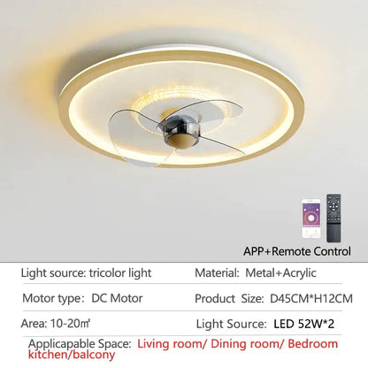 Modern white ceiling fan with led light featuring a sleek metallic center and transparent blades for bedroom decorbites ceiling fan