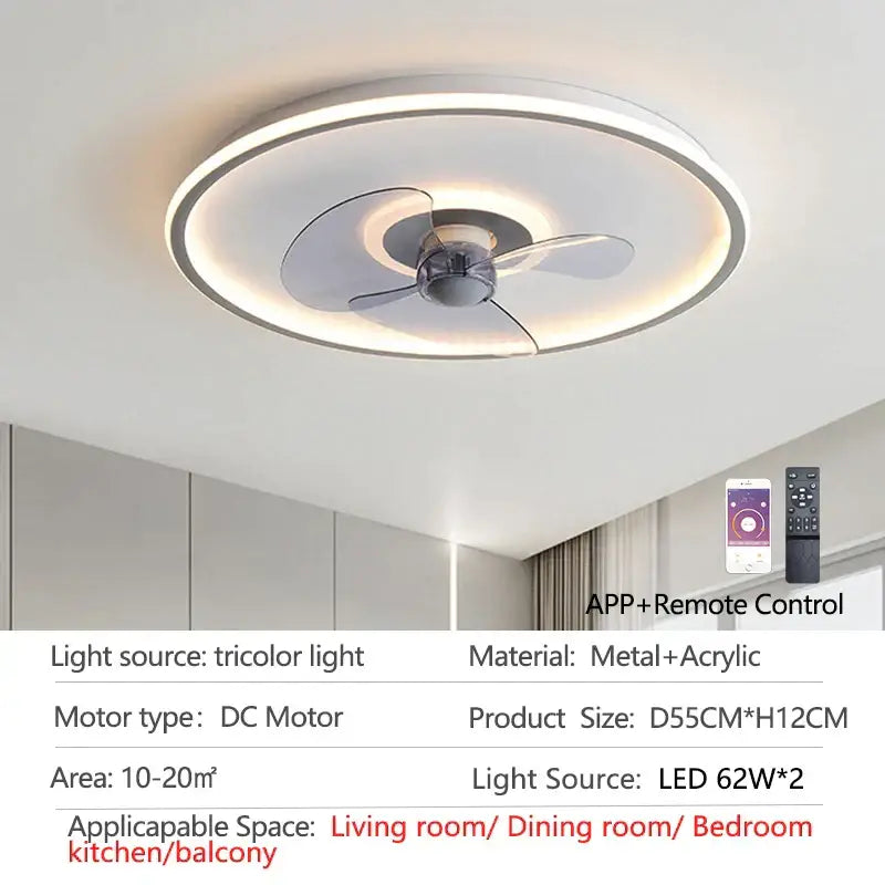 Modern white ceiling fan with led light and transparent acrylic blades featuring a sleek metallic design decorbites ceiling fan