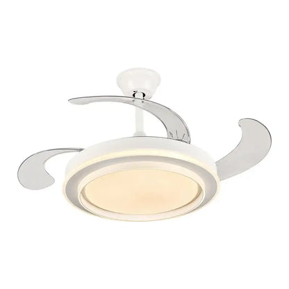 Modern white ceiling fan with led lights featuring sleek chrome curved blades and integrated fan lights for bedroom use