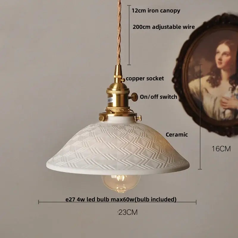 Modern white ceramic pendant light with textured diamond pattern brass hardware and adjustable copper wood led socket decorbites copper wood