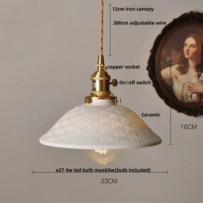 Modern white ceramic pendant light with textured diamond pattern brass hardware and adjustable copper wood led socket decorbites copper wood