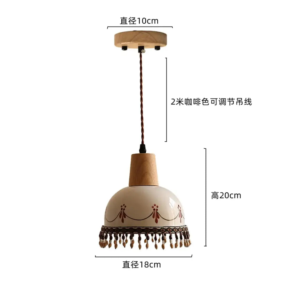 A cream ceramic pendant light with wooden top base brown patterns and tassels for modern decorbites copper wood decor