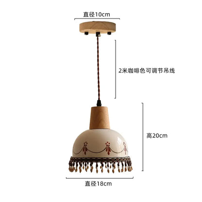 A cream ceramic pendant light with wooden top base brown patterns and tassels for modern decorbites copper wood decor