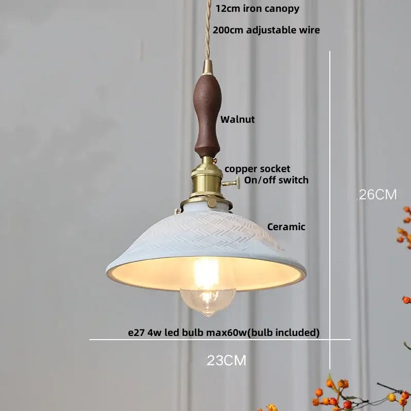 Modern white ceramic and wood pendant light with walnut iron canopy and brass copper socket by decorbites copper wood led