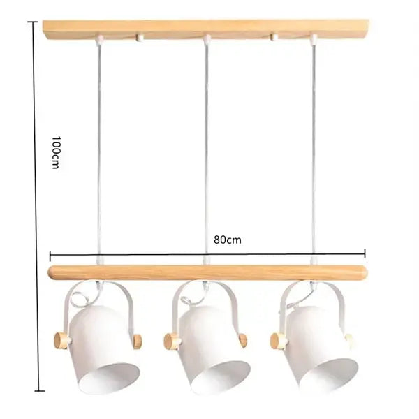 Minimalist modern white ceramic pendant lamp with wooden iron art accents suspended from a 100cm wood bar