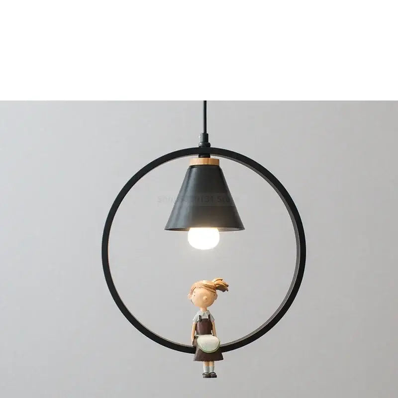 Modern white ceramic bird iron ring pendant light with black circular pendant and miniature girl figurine decorbites iron ring pendant