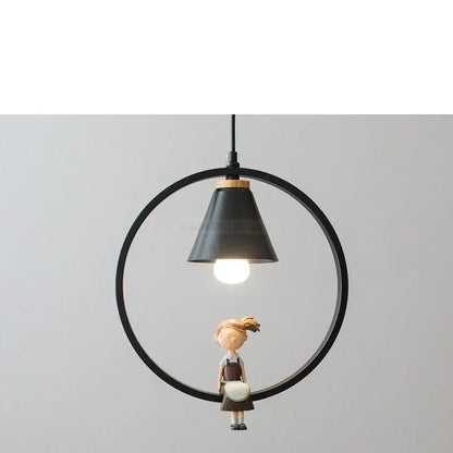Modern white ceramic bird iron ring pendant light with black circular pendant and miniature girl figurine decorbites iron ring pendant