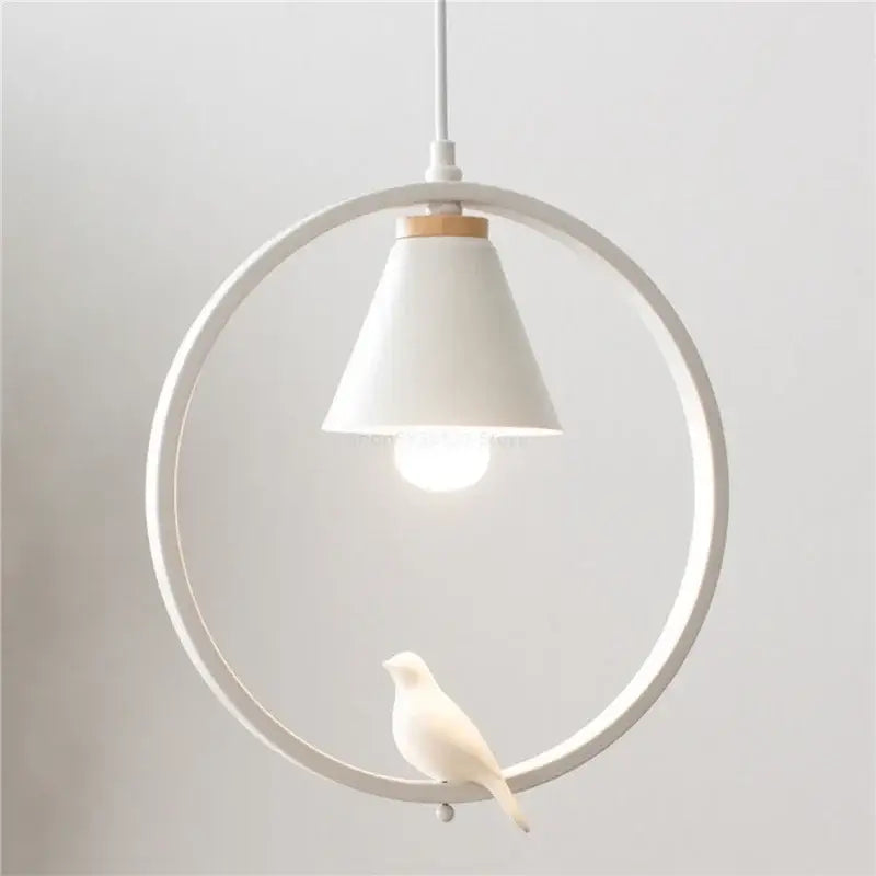 Modern white ceramic bird iron ring pendant light featuring a circular frame and small bird figurine for bedroom decor
