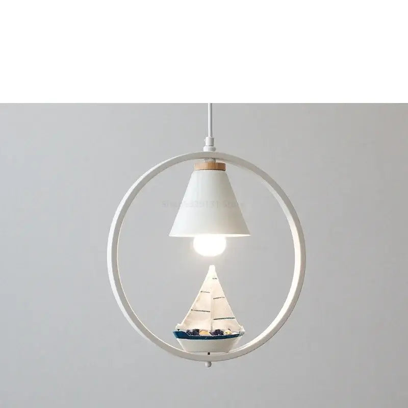 Modern white ceramic iron ring pendant light with miniature sailboat model decorbites iron ring pendant for bedroom decor