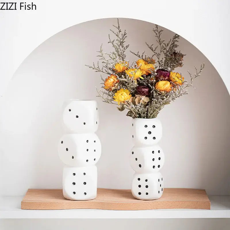Modern white decorbites ceramic dice vase shaped like stacked dice with black dots for living room decor