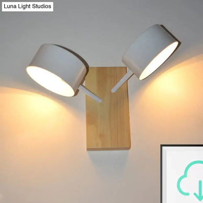 Modern white ceramic double drum wall sconce with wooden base and adjustable arms fixture height suitable for 220v-240v