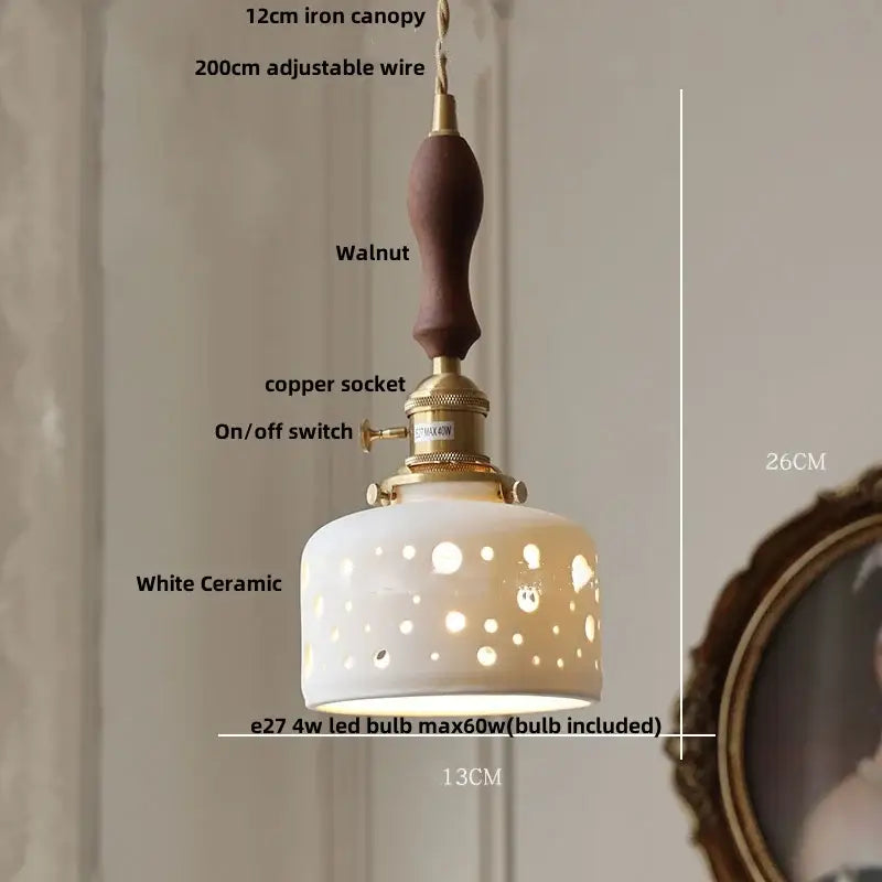 Modern white ceramic flower pendant lamp with walnut iron canopy and brass accents for kitchen LED lighting decorbites ceramic flower