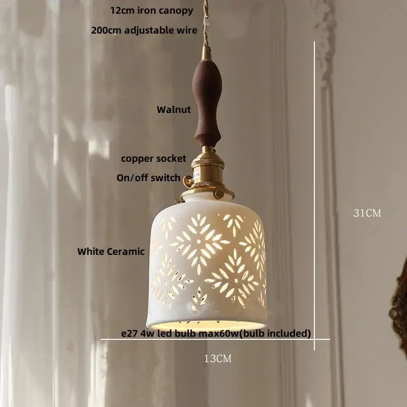 Modern white ceramic flower pendant lamp with intricate cutouts walnut handle and brass accents for kitchen lighting decorbites ceramic flower ceramic flower led
