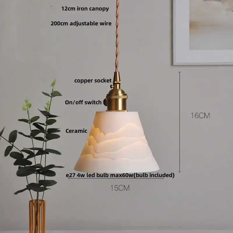 Modern white ceramic flower pendant lamp with textured mountain design and brass metal components for kitchen led lighting