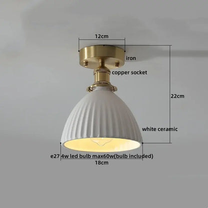 Modern white ceramic led ceiling light with brass iron and copper socket featuring vertical ridges for balcony decorbites ceramic led
