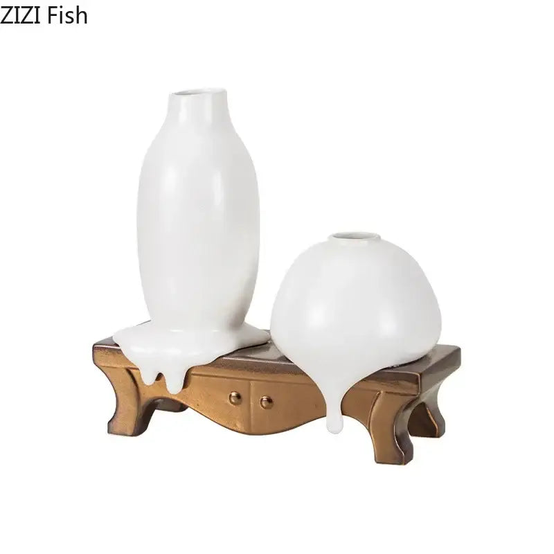 Modern white ceramic liquid vase with glossy melting drip design on bronze wooden stand for living room decorbites ceramic liquid