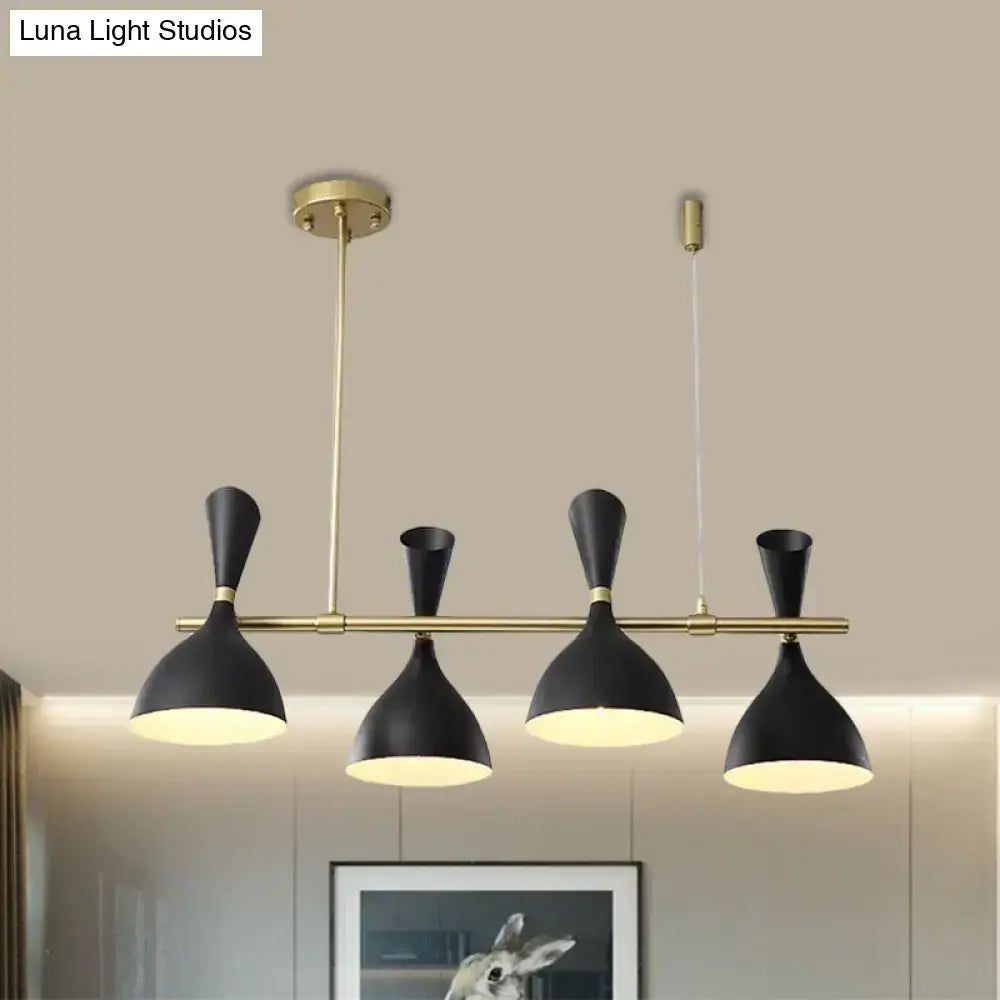 Modern black and brass nordic hanging chandelier with four metal horn shade conical lights for dining room lighting