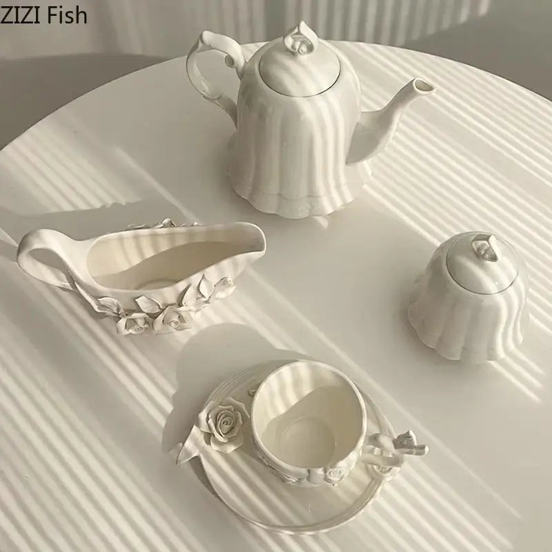 Modern white ceramic tissue box with camellia flower and delicate floral porcelain tea set for living room decor