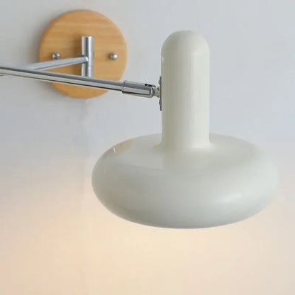 Modern white ceramic wall lamp with cream iron art chrome arm and wooden backplate for bedroom decorbites cream iron design