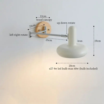 Adjustable modern white ceramic wall lamp with cream iron art and wooden canopy for bedroom decorbites cream iron decor