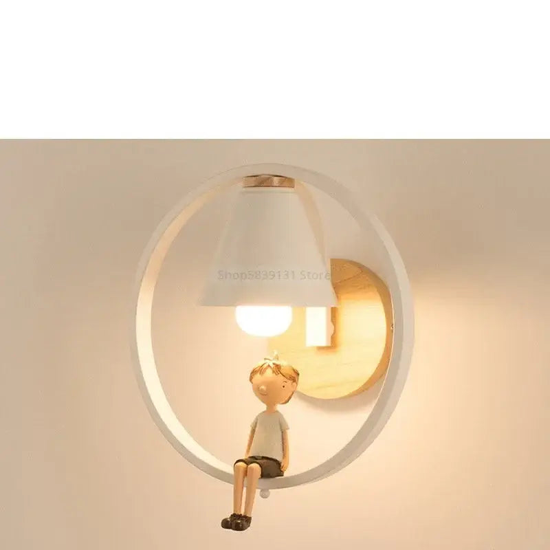 Modern white led wall lamp with wooden backplate and child figurine sitting on rim for bedroom wall lamps
