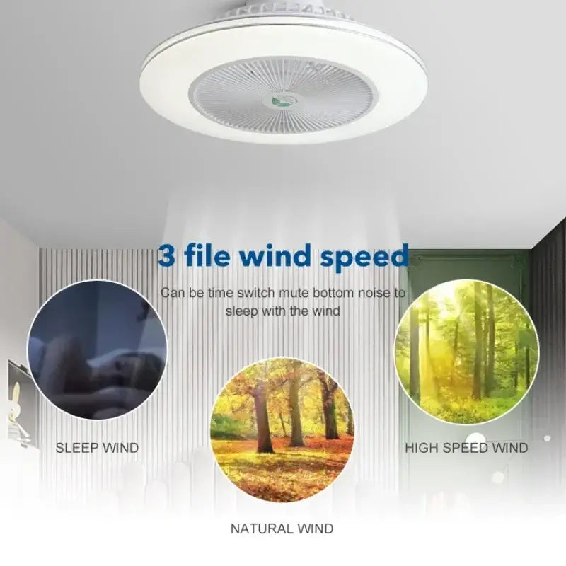 Modern white circular ceiling fan light with invisible blades and integrated lighting for living room use