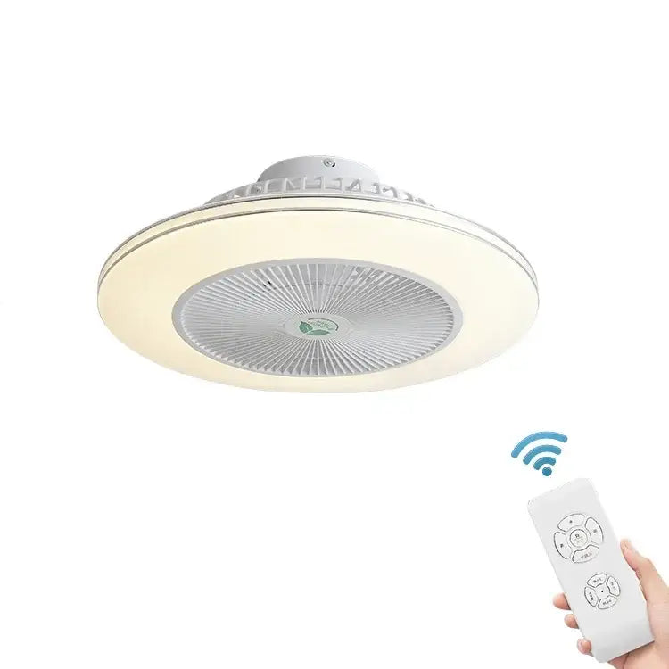 Modern white circular ceiling fan light with integrated led lighting and remote control for wireless operation
