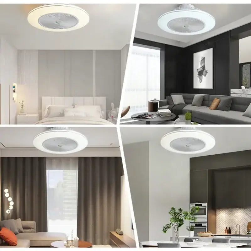 Modern white circular ceiling fan light with sleek design and integrated led lighting for living room use