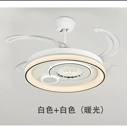 Modern white circular ceiling fan light with integrated led and clear curved blades for bedroom use
