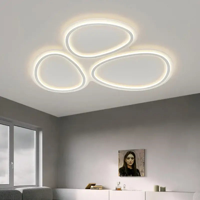 Modern white cloud ring led ceiling light with three warm white glowing circular lumines panel for living room decorbites