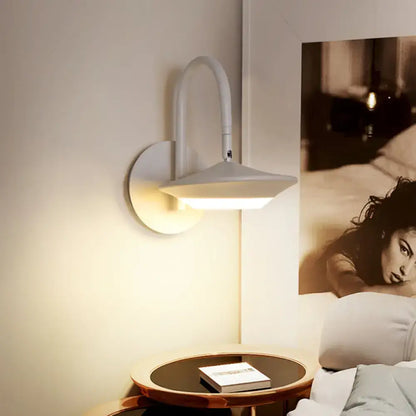 Modern white and coffee rotatable wall sconce lamp with curved arm and angled shade for bedroom LED lighting