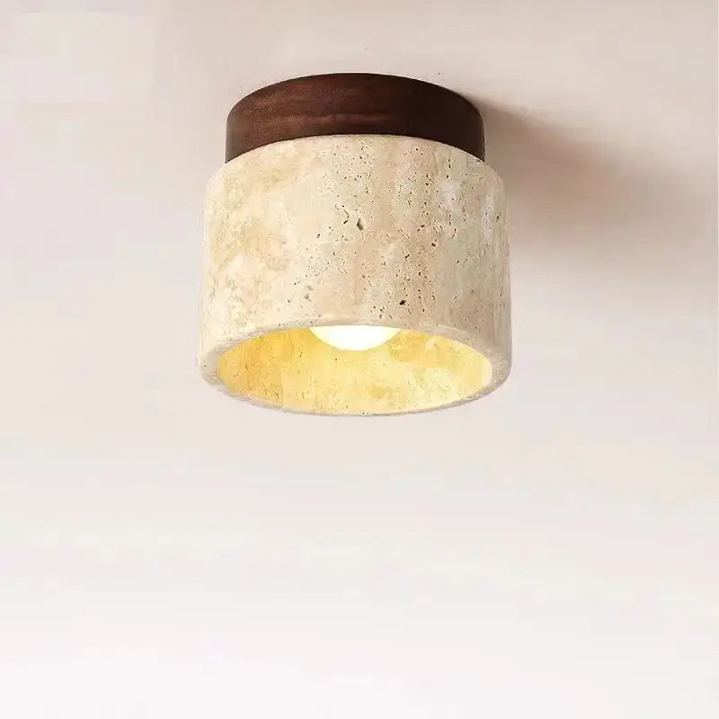 Modern white concrete pendant light with dark wood top for kitchen lighting area under 20 square meters