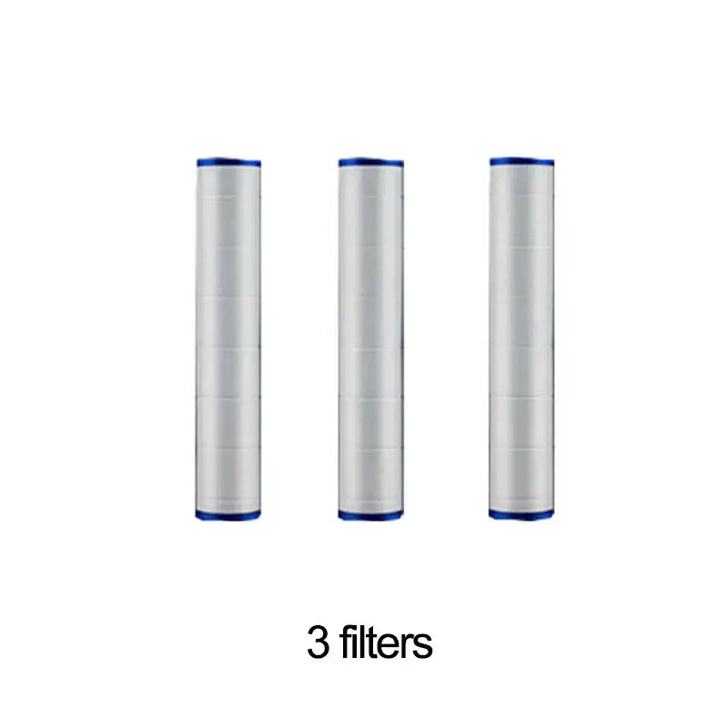 Three cylindrical water filters with white bodies and blue caps for decorbites dual sided high pressure showerhead bathroom use