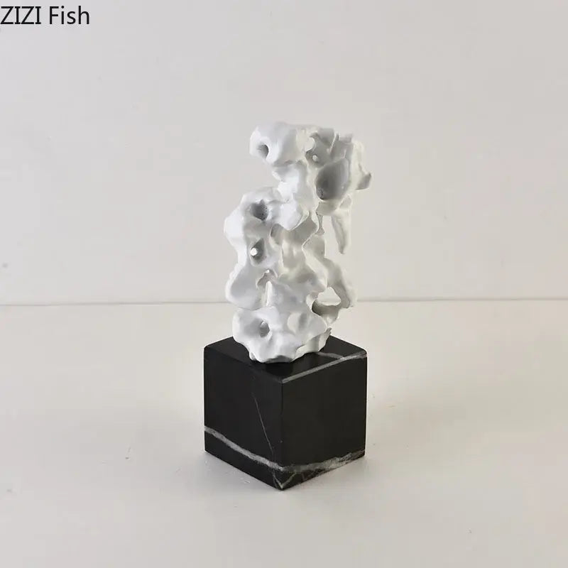 Modern white coral creative resin sculpture with intricate carvings on a black marble base for living room decor