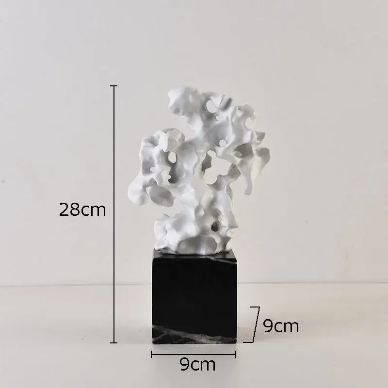 Modern white coral creative resin sculpture with intricate carving mounted on black marble base for living room decor