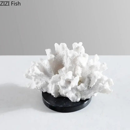 Modern white coral resin sculpture on black circular base for living room desk decor featuring decorbites coral resin