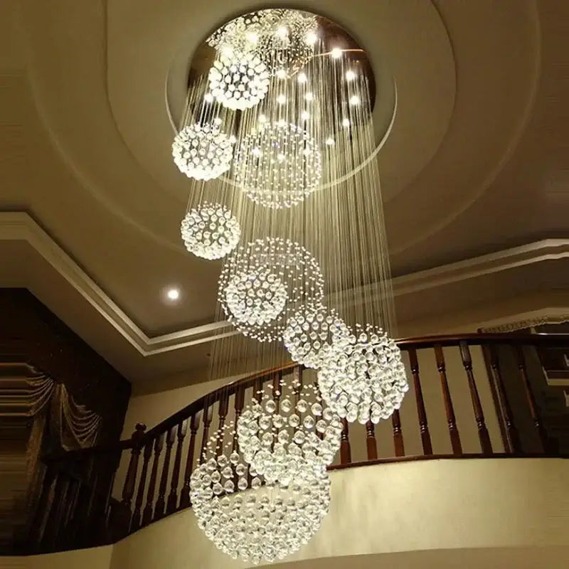 Modern white crystal ball chandelier with cascading clear faceted crystal clusters for staircase living room decorbites crystal ball