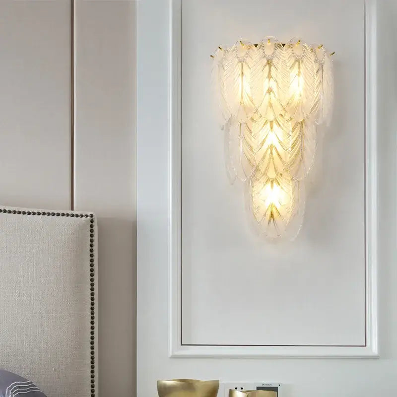 Elegant modern white crystal feather wall lamp with layered translucent glass shades and gold pearl sconce decorbites crystal feather