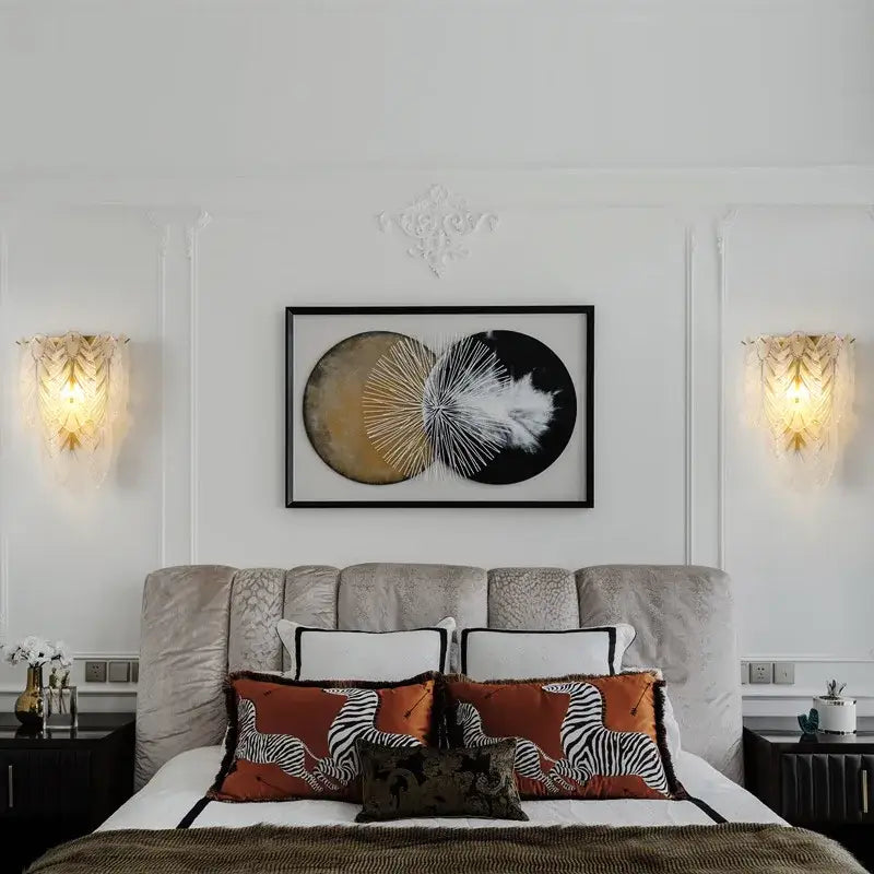 Modern white crystal feather wall lamp with black-framed abstract gold and black decorbites crystal feather artwork